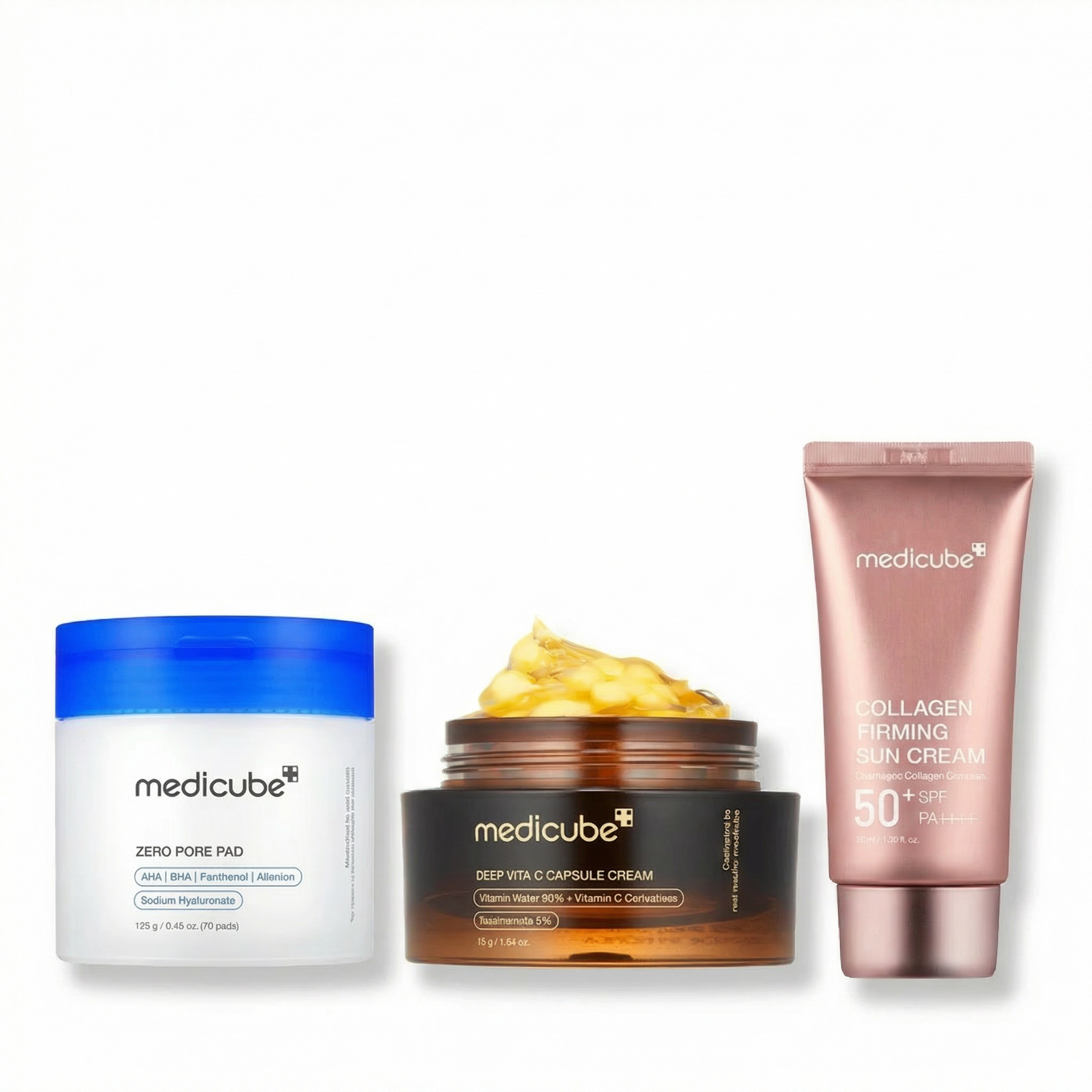 Kit Medicube com vitamina C que auxilia no clareamento de manchas, limpeza de poros e proteção solar diária.