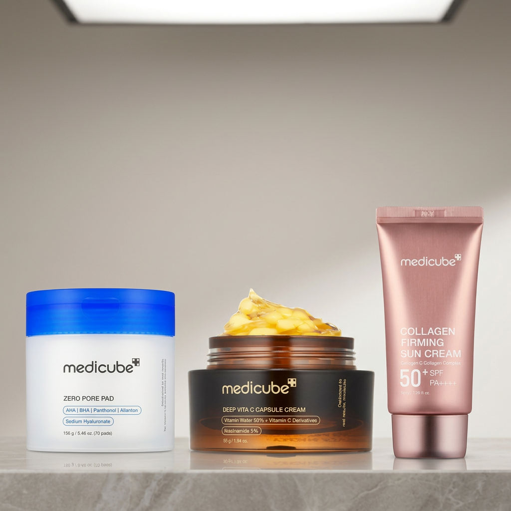 Kit Medicube com ação antioxidante que contribui para luminosidade, limpeza de poros e proteção da pele.