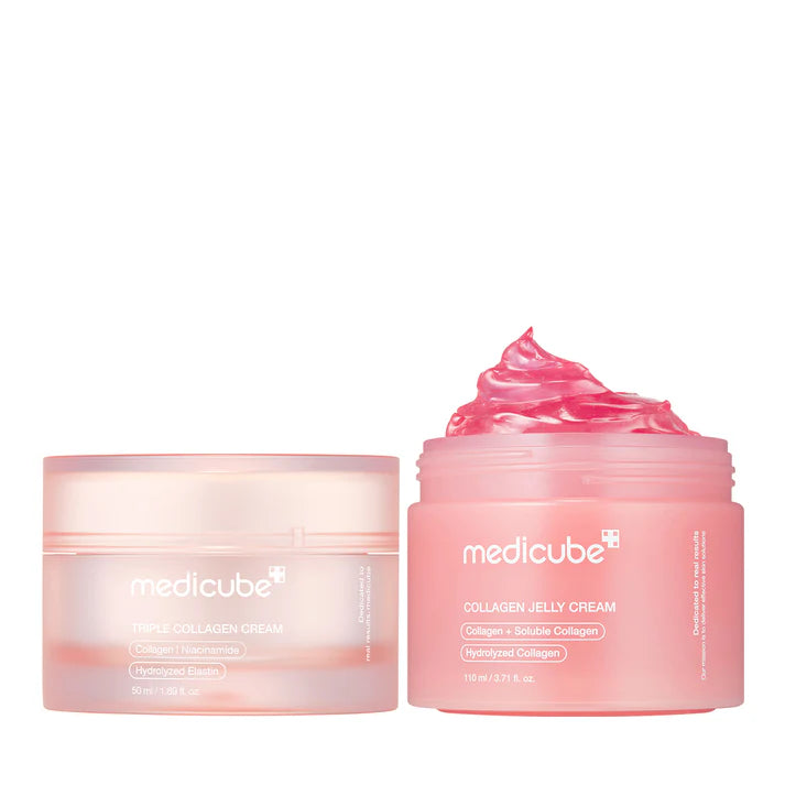 Kit Medicube Collagen Swirl Duo com colágeno e niacinamida para hidratação profunda e firmeza da pele.