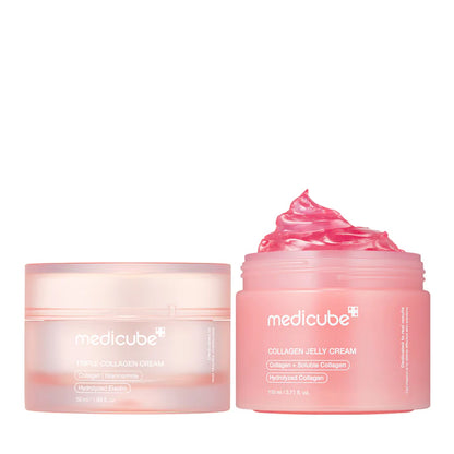 Kit Medicube Collagen Swirl Duo com colágeno e niacinamida para hidratação profunda e firmeza da pele.